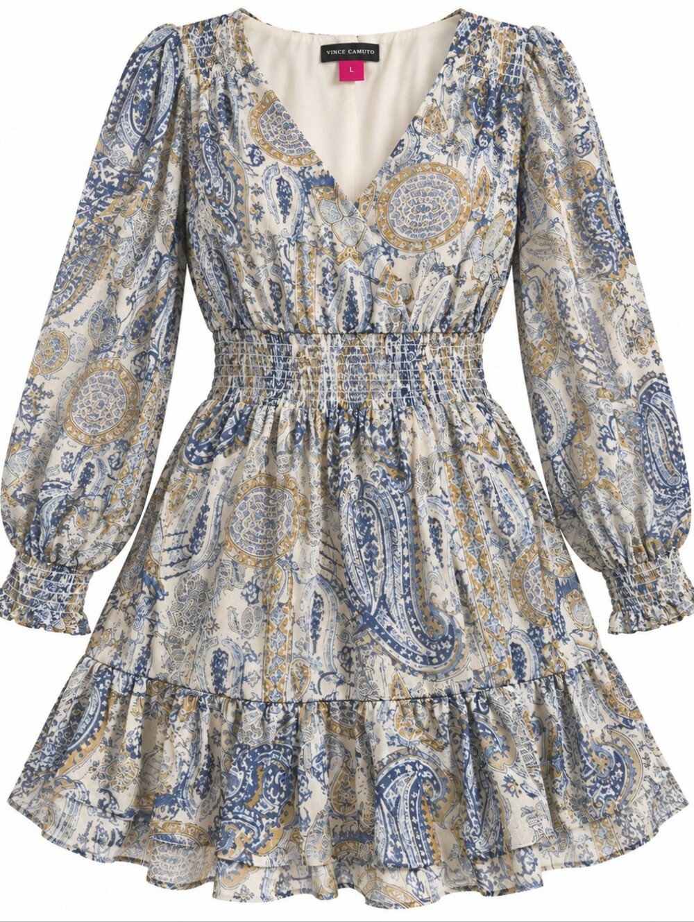 VINCE CAMUTO         Boho Paisley V-Neck Long Sleeve Mini Dress Blue & Gold